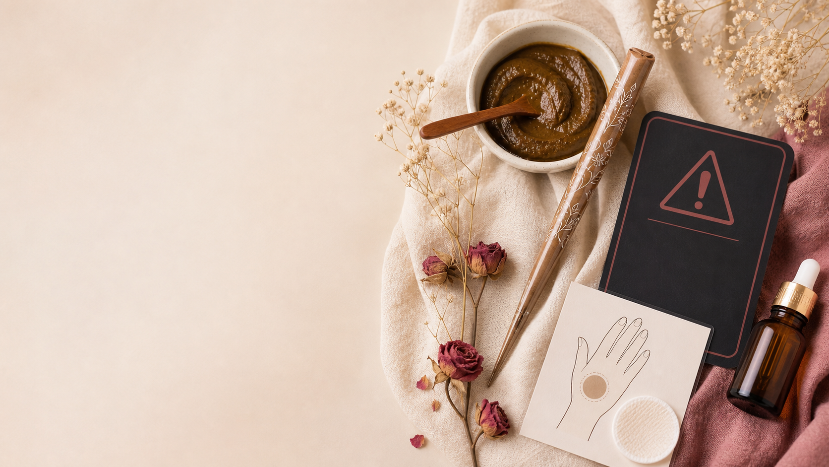 Editorial safety image with natural henna paste, warning card and patch test note