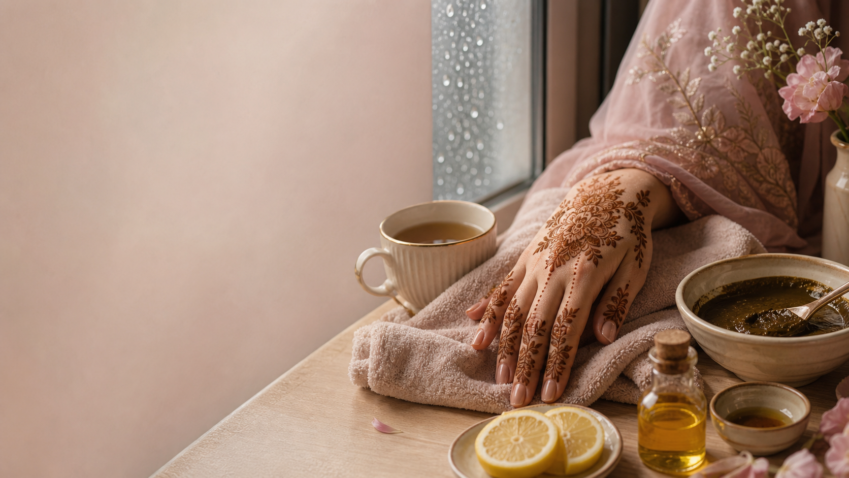 Soft editorial henna aftercare scene with tea, lemon, oil and freshly decorated hands