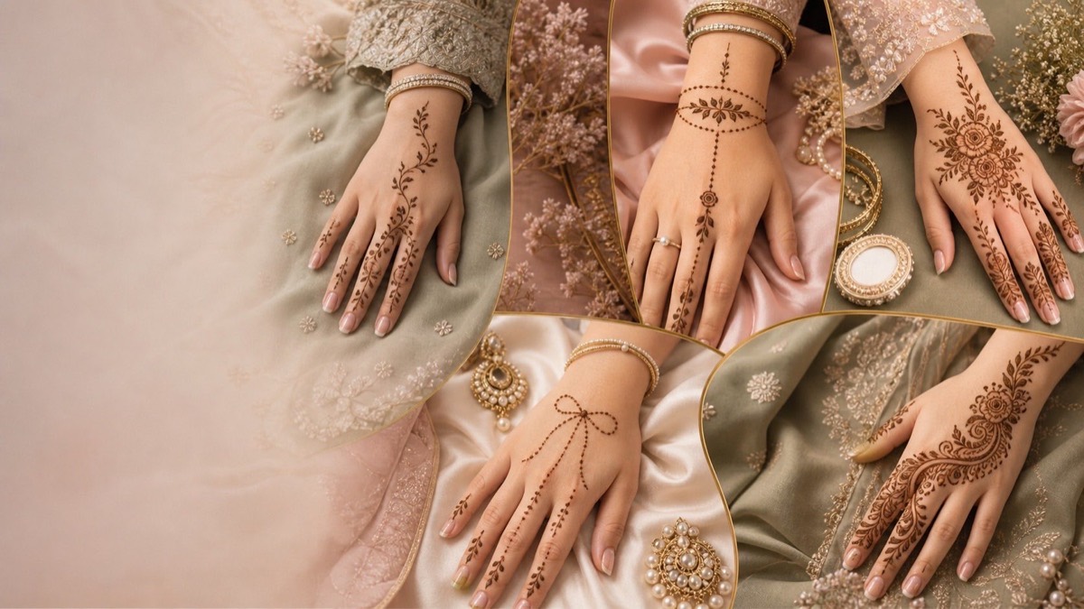 Editorial moodboard of five elegant mehndi styles for 2026