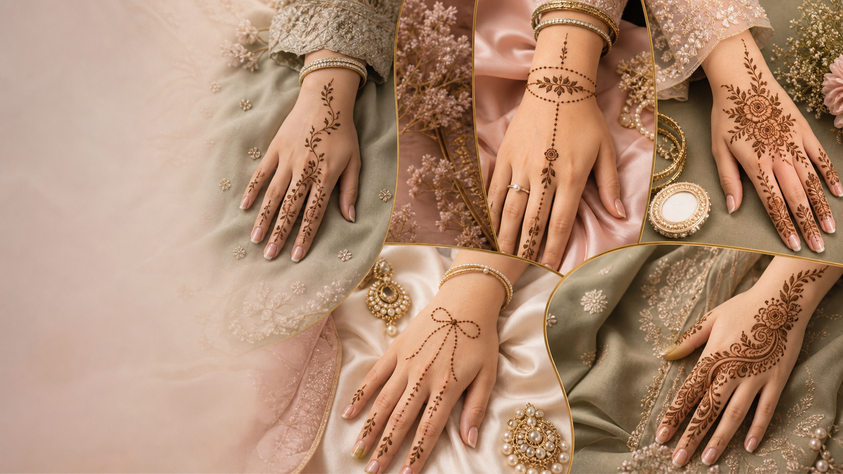 Editorial moodboard of five elegant mehndi styles for 2026